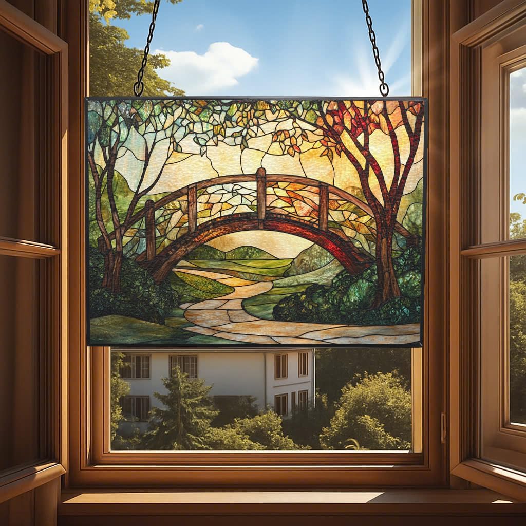Rectangle Art Nouveau Ivy-Covered Bridge Stained Glass Window Hanging,Hummingbird Sun Catchers Indoor Window Decor, Stained Glass Suncatcher Gifts for Women, Christmas