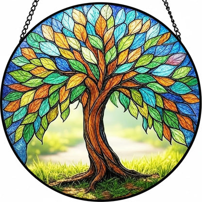 Stained Glass Window Hanging – Colorful Tree of Life Sun Catcher Round Glass Panel, Vibrant Window Decor Suncatchers for Windows Hanging Gift for Women, Mom, Wife, Friends (12 Inch)