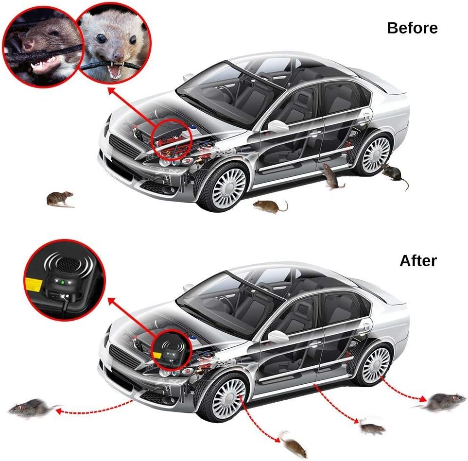 Loraffe Under Hood Rodent Repellent for Car Engines, 12V 24V Ultrasonic Mouse Deterrent with LED Strobe Lights – Mice and Rat Repeller for Truck, RV, Vehicle Engine Protection, Pack of 2