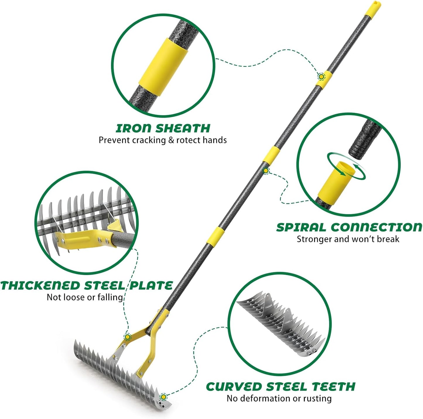 Thatch Rake,55 Inch Heavy Duty Lawn Thatching with Adjustable Stainless Steel Handle,Multiple Garden Rake for Leaves,Lawn Loosening Soil,Backyard,Garden