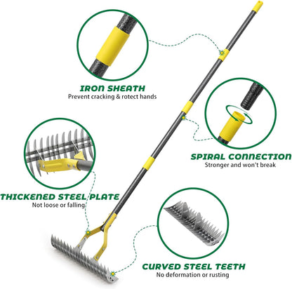 Thatch Rake,55 Inch Heavy Duty Lawn Thatching with Adjustable Stainless Steel Handle,Multiple Garden Rake for Leaves,Lawn Loosening Soil,Backyard,Garden