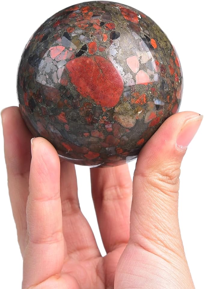 JIC Gem Natural Brazilian Red Agate Crystal Ball with Wood Stand Gemstone Sphere Healing Energy Mineral Gemstone Balls for Reiki Chakra Decoration Fengshui (60-70mm)