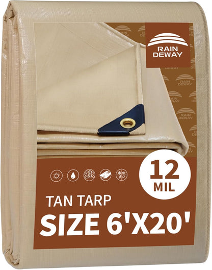RAINDEWAY 6x20 Feet Heavy Duty Tarp,12 Mil Tan Waterproof Poly Tarp Cover,UV Resistant,Weatherproof,Durable,Multipurpose Tarps with Grommets and Reinforced Edges