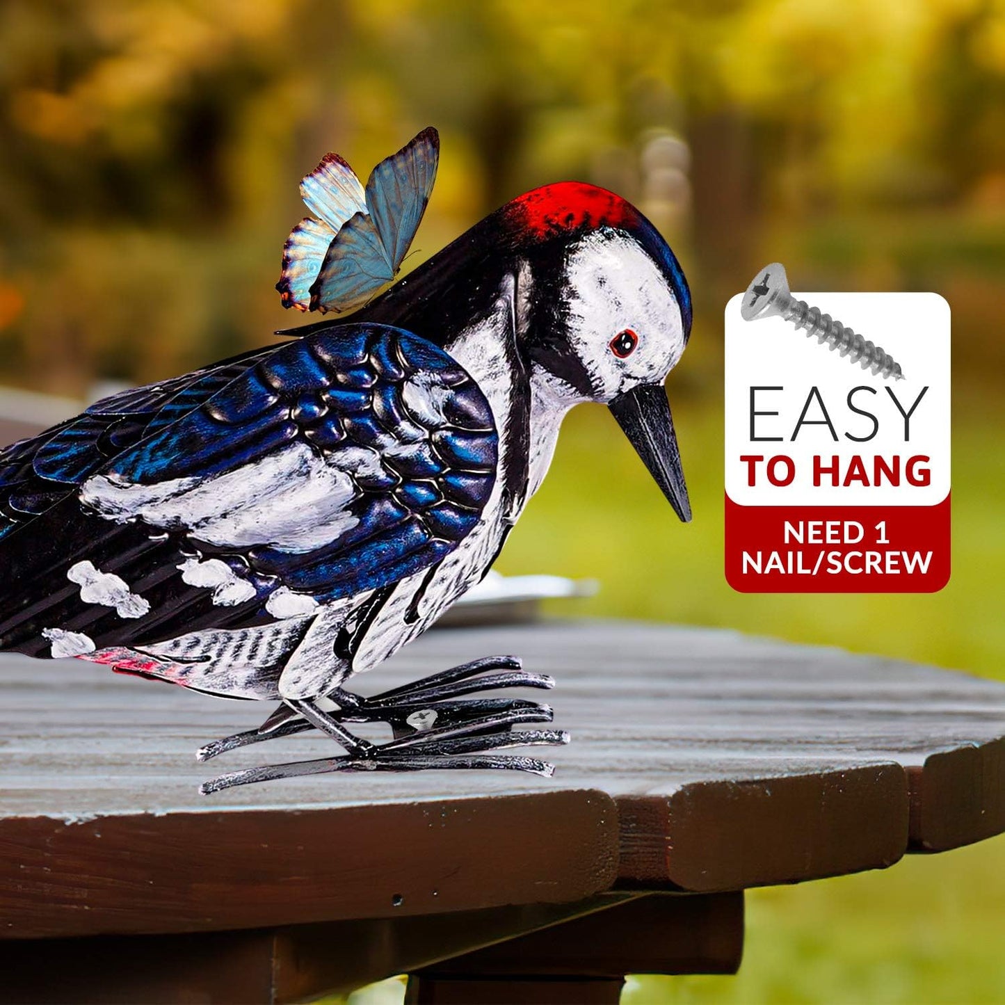 Metal Woodpecker Bird Figurine - Lifeilke Backyard & Garden Gift, Birds Statue Sculpture Art Large Realistic - Outdoor Fall Decor, Metal Yard Art