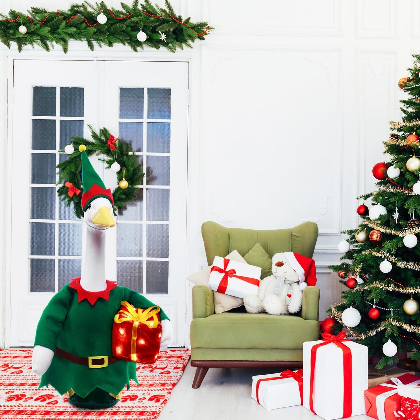 Christmas Toy Soldier Style Porch Goose Outfits,2 Pcs/Set Goose Clothes with Pointed Hat and Gift Box Fits 23" Lawn Goose Statue,Green Christmas Outdoor Goose Costume,Yard Patio Garden Xmas Decor