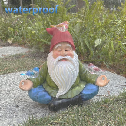 Solar Powered Gnome with Red Hat and 3 Birds, Resin Garden Ornament with LED Light, Lawn Figurine Outdoor Decoration Statue (Gnome with 3 Birds)
