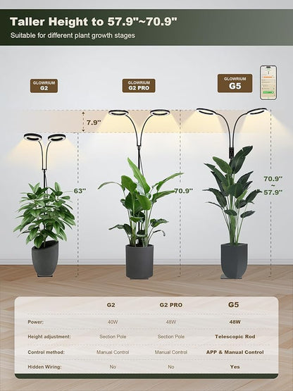GLOWRIUM Smart Grow Lights for Indoor Plants, 48W Full Spectrum Plant Lights, Bluetooth App & Manual Control, Adjustable Height 47-70.9", Auto Timer, Indoor Plant Lamp for Tall Indoor Plants