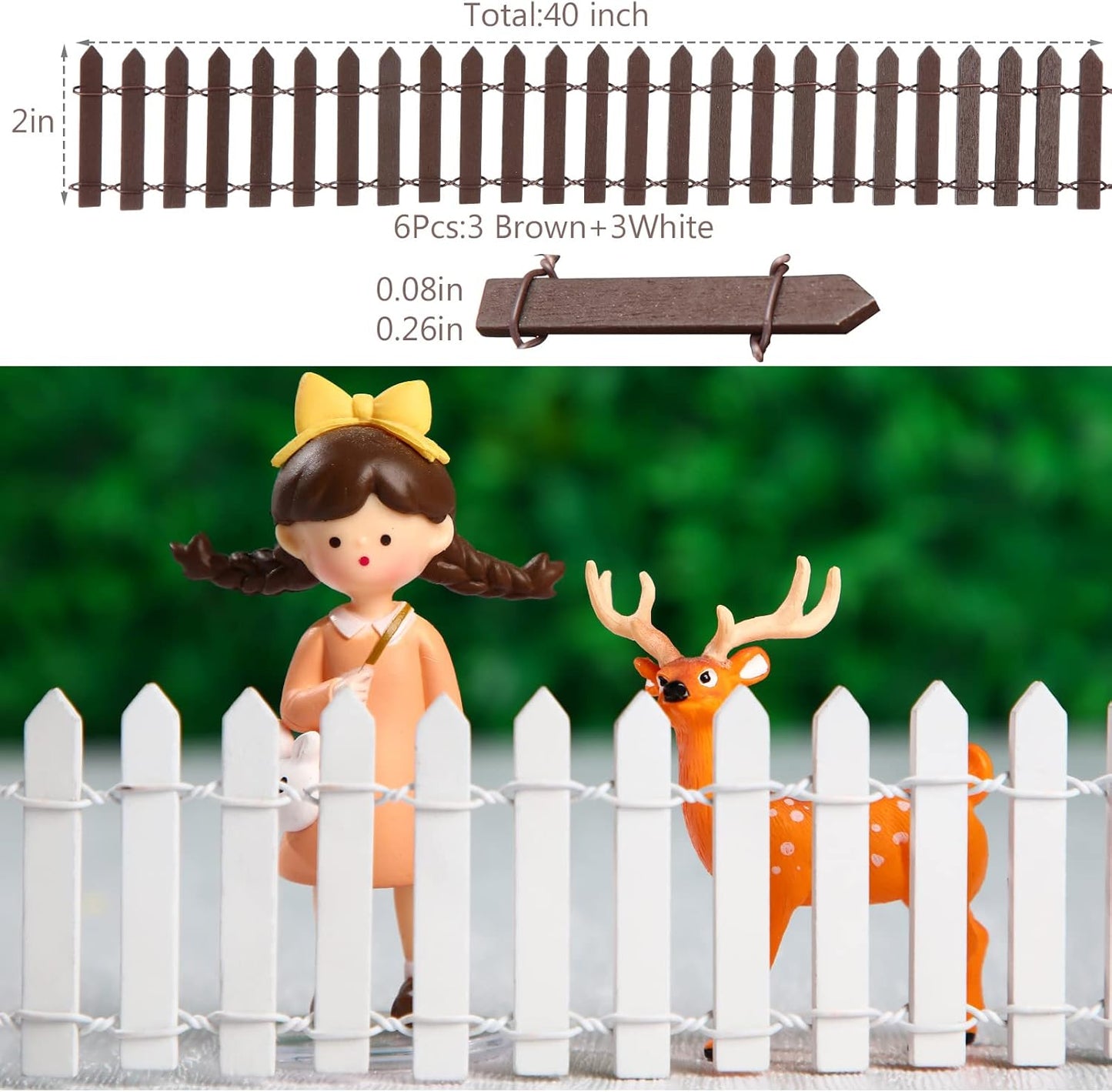 Kigley 6 Pcs 40 Inch Fairy Fence Wood Miniature Garden Picket Fence Decorations for DIY Plant Pot House Home Dollhouse Outdoor Diorama Project(White,Brown)