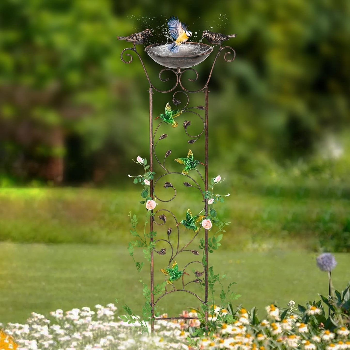 SUNNYPARK Antique Garden Iron Trellis with Decorative Hummingbirds Detachable Bird Bath Bowl Metal Potted Plant Support for Climbing Flowers