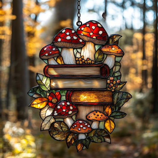 Forest Stack of Books Acrylic Suncatcher Stained Glass Effect Window Car Hanging Christmas Ornament