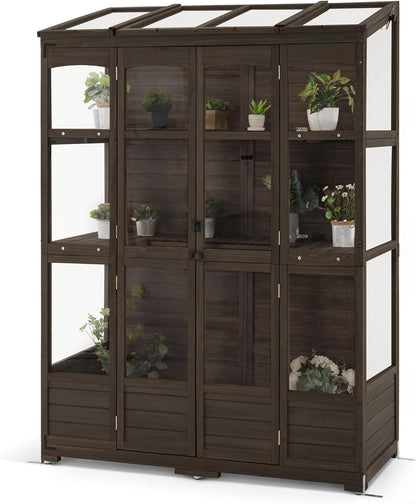 MCombo Wooden Greenhouse, Walk-in Outdoor Greenhouse with Openable Roof and Lockable Door, 0899 (Brown)