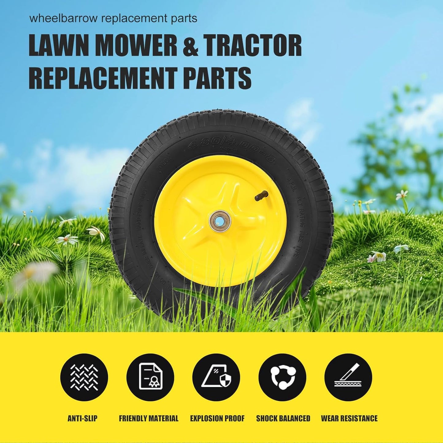 4.80/4.00-8 Tire & Wheel, Set of 2 Heavy Duty Pneumatic Rubber Wheels, 16 in Wheelbarrow Tires with 5/8" Bearings, Compatible with Hand Truck, Wagon, Dolly, Garden Cart, Dump Cart