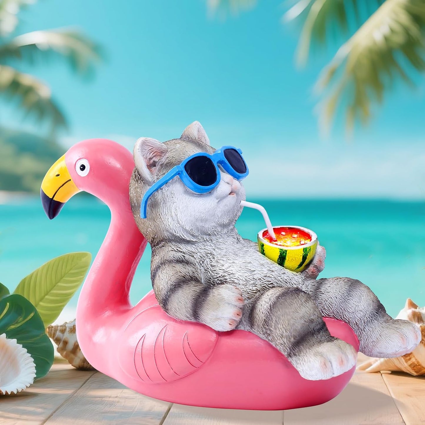 Nacome Cat Lying Flamingo for Garden Statue: Solar Outdoor Decor Figurine for Clearance Outside Lawn Ornaments Porch Patio Balcony – Gifts for Grandma Mom