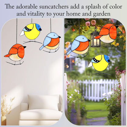 3 Pack Birds Stained Glass Suncatchers, Handmade Window Hanging, Cute Sun Catchers, Indoor Outdoor Decoration, Gifts for Women Men Bird Lover Gardener, 3 Removable Hangers Given