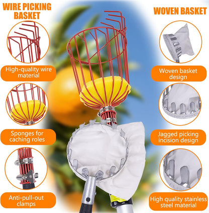 20FT Telescopic Fruit Picker With Wire Basket and Woven Basket,Adjustable Fruit Picker Pole With Basket Telescoping,4.6-20FT Fruit Picker Pole,Suitable For Picking Apples,Mangoes,Plums and Others
