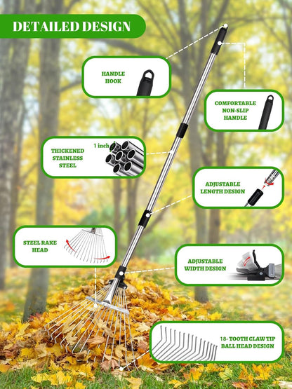 Adjustable Metal Leaf Rake Set Garden Rake for Leaves Long Handle 37"-63" Expandable Head Gardening Tools Set Includes 44 Gallon Bag & Scoop & Gloves Rakes for Lawns Heavy Duty for Yard Lawn Garden