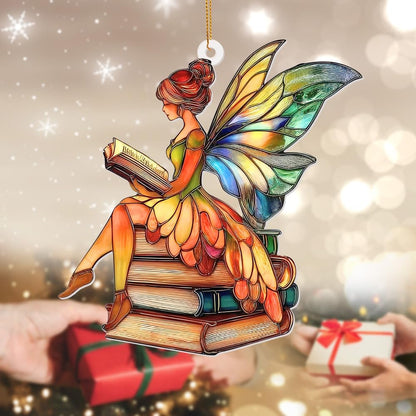 Reading Fairy Book Ornament – Stained Glass Style Acrylic Christmas Ornament, Book Lover Gift for Women, Teacher & Librarian Book Club Decorations, Fantasy Ornament Holiday Décor(Sun-15)
