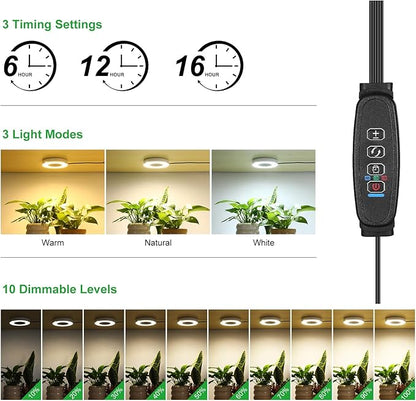 3 Head White Halo Angel Ring Ceiling LED Plant Growth Lights for Shelf, 3000K+6000K Full Spectrum Grow Lamps for Plant Growth Indoor Plants with 6/12/16H Timer, 3 Spectral Modes, 10 Dimmable Levels
