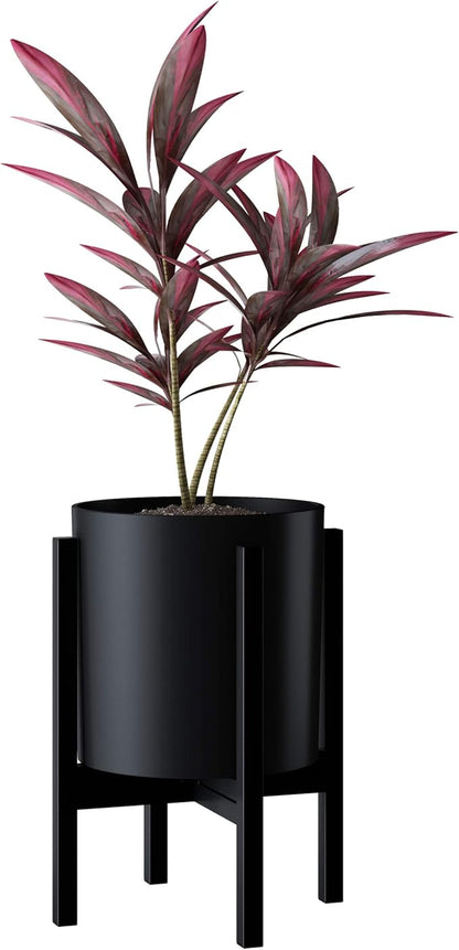 FaithLand Plant Pot 10 inch - Perfectly Fits Mid-Century Modern Plant Stand - Drainage Plug and Drainage Mesh Screen - Matte Black Planter
