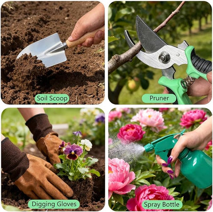 10-Piece Premium Gardening Tools Set-Duty Stainless Steel Rust-Proof Tools with Storage Tote,Perfect Gardening Gifts,Gardening Supplies Set with Hygrometer Suitable for Both Men and Women(Pink)