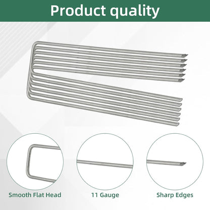 201Pcs 6 Inch 11 Gauge Garden Stakes Staples Kit, 100Pcs U-Shaped Landscape Staples and 100Pcs Fixing Gasket with 1Pc Pick Hook for Weed Barrier Fabric, Groud Cover, Holding Fence