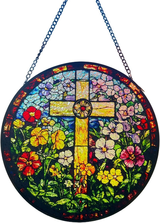 Cross and Wildflowers Handmade Stained Glass Window Hanging Suncatcher with Chain - 7.9"