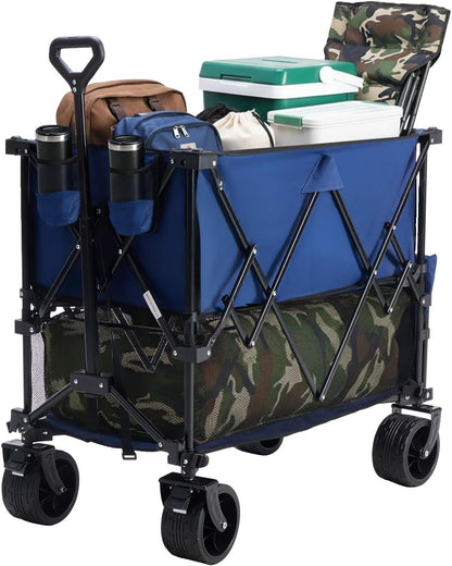 DUMOS Large Capacity Folding Double Decker Wagon with Brakes, 440 lbs Wagons Carts Foldable Wagon Cart with Flexible Handle, All-Terrain Big Wheels for Grocery Sports Garden Camping