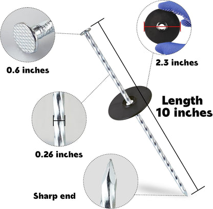 50 Pack 10-Inch Spiral Landscape Stakes wifh 50 Gasket, Heavy Duty Galvanized Metal Garden Landscape Stakes Kit for Securing Weed Barrier, Landscape Fabric, Artificial Grass, Floor Mat