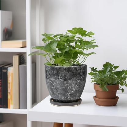 6 Inch Plant Pot - Ceramic Planter for Indoor with Drainage Hole and Saucer, Round Succulent Pot, Modern Flower Planters, Home Room Garden Office Decor, Gardening Gifts for Women, Grey