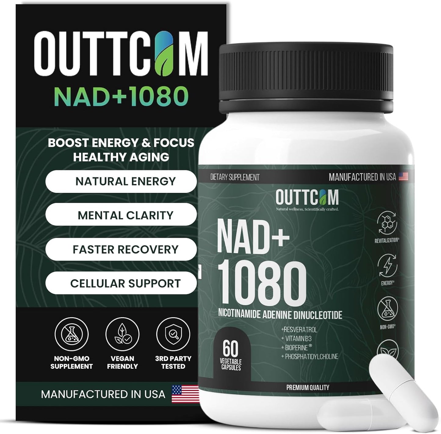 NAD+ Supplement w/ Resveratrol, B12, Phosphatidylcholine & Bioperine – 900mg NAD+ Capsule, 60 Vegan, Non-GMO, Gluten-Free Capsules – Cellular Energy, Bioavailability, Liposomal NAD+ & NMN Alternative