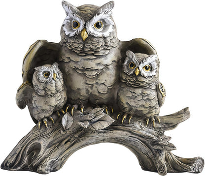 Resin Owl Statue with Spread Wings - Outdoor Garden, Patio, Office Decor Figurine: Family Parent & Two Baby Owls on Base (Grey-Black)