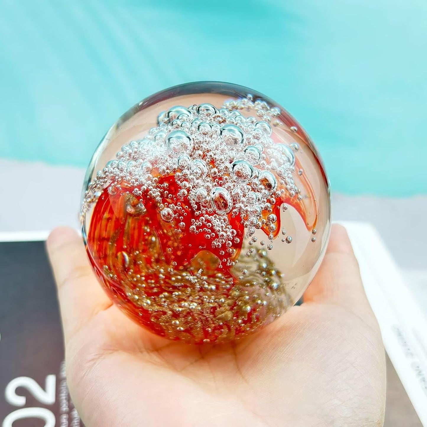 Decorative Crystal Ball Figurines Ocean Waves Paperweight Blown Glass Decor Sea Art Ocean Lovers Gift Red 3.15"