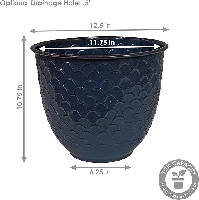 Sunnydaze Dinah 12.5" Metal Outdoor Plant Pot Set with Drainage Holes and Rubber Plugs - Navy Glaze - Set of 4