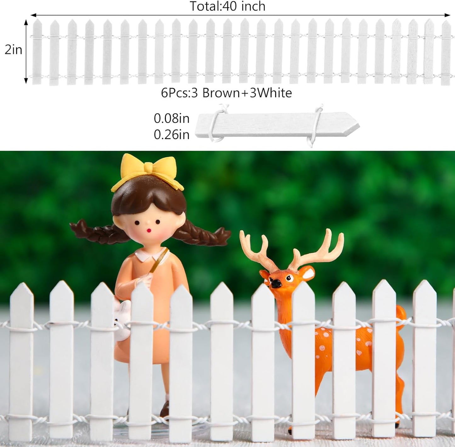 Kigley 6 Pcs 40 Inch Fairy Fence Wood Miniature Garden Picket Fence Decorations for DIY Plant Pot House Home Dollhouse Outdoor Diorama Project(White)