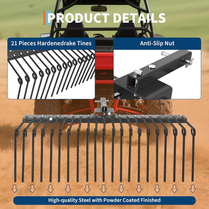 Pine Straw Rake, 60 Inch Landscape Rake for 2" Receiver, Fits Lawn Tractors & ATV/UTV | Heavy-Duty Powder Coated Steel Construction | Yellow