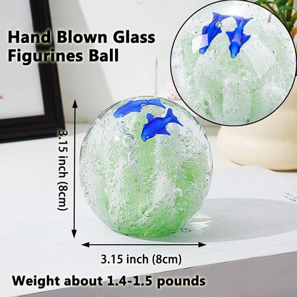 Decorative Crystal Ball Figurines Coral Fish Paperweight Blown Glass Decor Sea Art Ocean Lovers Gift Green 3.15"
