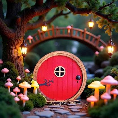Red Fairy Garden Door for Trees, Outdoor Mini Garden Sculpture Ornament, Tree Trunk Fairytales Door Decoration