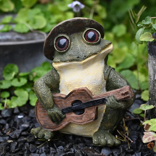 OwMell Frog Statue for Garden, Green Frog Figurine for Outdoor Decor Yard and Garden Decoration Resin Sculpture 6 Inches - Guitar