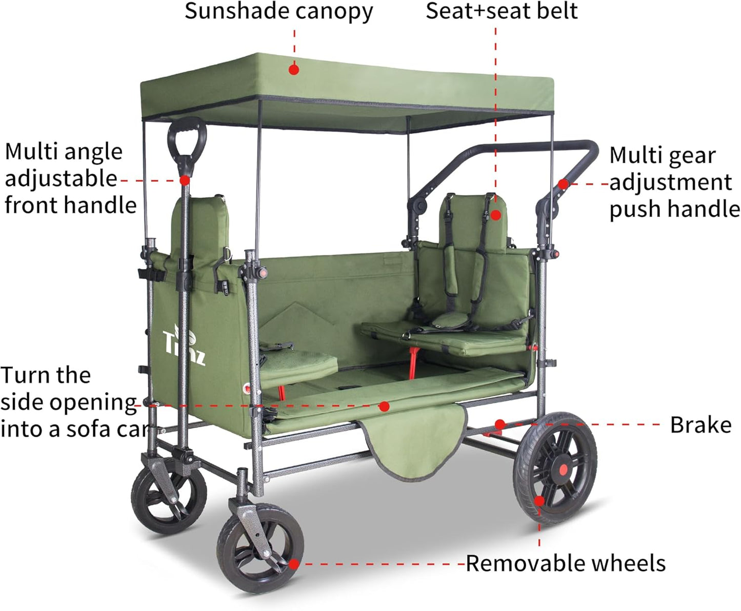 TMZ Collapsible Wagon Cart with Side-Opening Seat Conversion Design, Foldable Utility Wagon with 2 Seats, Heavy Duty Wagon 265 lbs Load Capacity (Green)