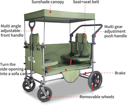 TMZ Collapsible Wagon Cart with Side-Opening Seat Conversion Design, Foldable Utility Wagon with 2 Seats, Heavy Duty Wagon 265 lbs Load Capacity (Green)