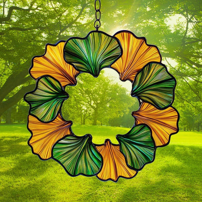 Ginkgo Wreath Acrylic Suncatcher Stained Glass Effect Window Car Hanging Christmas Ornament Indoor Outdoor Decor Garden Sun Catcher Panel for Acrylic Suncatcher Lover for Women Mom Grandma