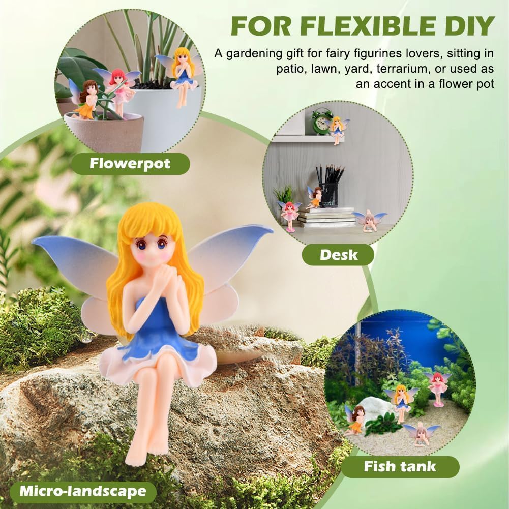 2 Pcs Enchanting Small Fairy Figurines with Fly Wings - Miniature Fairy Garden Accessories for DIY Gardens, Birthday Cake Toppers, Flower Pot Decor, Home & Car Decoration, Mini Pond Bridge Ornaments.