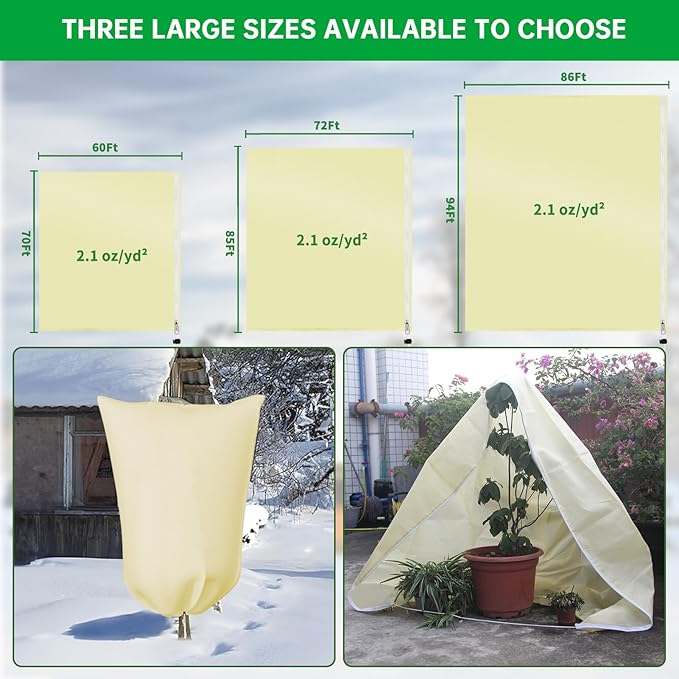 Frost Cloths for Outdoor Plants, 60" X 70" Plant Covers for Winter, 2 Packs Frost Blankets for Outdoor Plants, Frost Cover with Zipper Drawstring | Plant Covers Freeze Protection