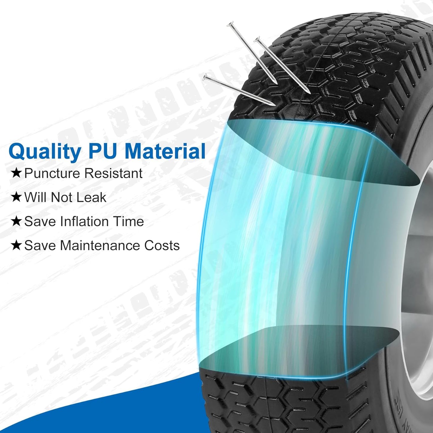 4.10/3.50-4" Flat Free Tires, 10 Inch Solid Tires and Wheels Replacement with 5/8" Axle Bore Hole, 2.2" Offset Hub for Hand Truck, Garden Cart, Lawn Cart, Wheelbarrow, 2 Pack