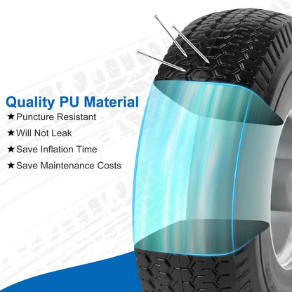 4.10/3.50-4" Flat Free Tires, 10 Inch Solid Tires and Wheels Replacement with 5/8" Axle Bore Hole, 2.2" Offset Hub for Hand Truck, Garden Cart, Lawn Cart, Wheelbarrow, 2 Pack