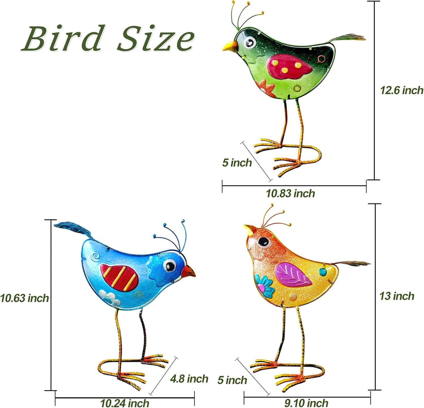 Garden Statues 3-Piece Metal & Glass Bird Figurines Set - Waterproof Outdoor Sculptures, Colorful Bird Garden Decorations Yard Art for Indoor & Outdoor Patio Lawn