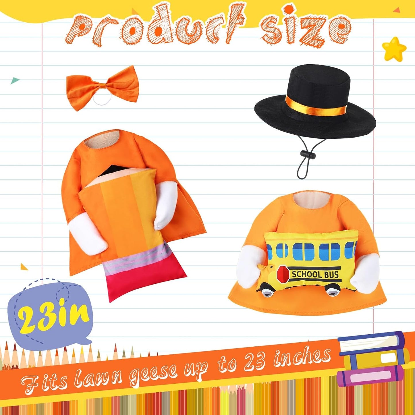 2 Set Halloween Porch Goose Outfit Set for 23'' Plastic Garden Statue Lawn Porch Goose Clothes Costume Accessories for School Outdoor Home Patio Yard Decor(Pencil and Bus)