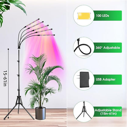 Wolezek Grow Lights for Indoor Plants, 100 LEDs Full Spectrum Plant Lights for Indoor Growing with Adjustable Stand, 5-Heads Grow Lamp with Auto 6/12/16H Timer, 3 Light Modes, 5 Levels Dimmable