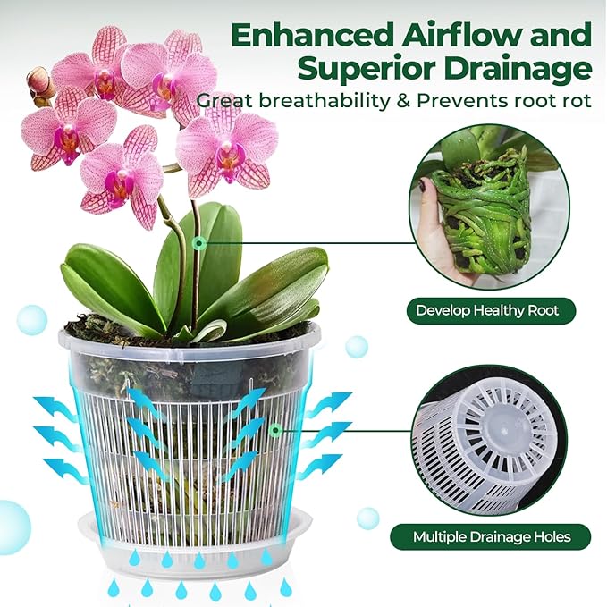 T4U Orchid Pot, 6 Pack 4.3 Inch Orchid Pots with Holes and Saucers, Clear Orchid Pots for Repotting, Plastic Flower Plant Pot for Indoor Outdoor Plants, Slotted Orchids Planter for Root Health