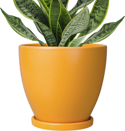 6.8 Inch Plant Pot - Ceramic Planter with Drainage Hole and Saucer, Modern Round Flower Pot, Planters for Indoor Plants, Home Garden Decor, Orange